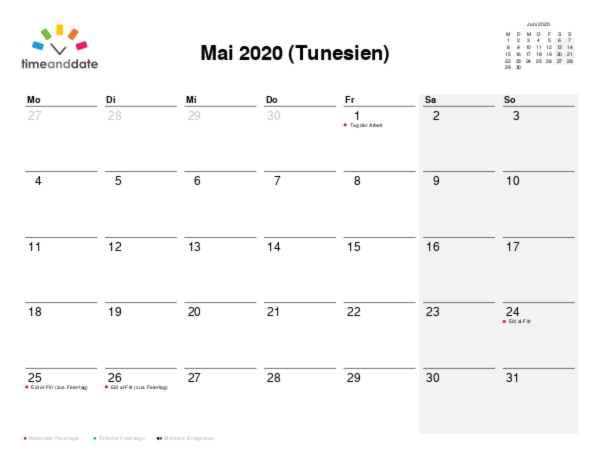 Kalender für 2020 in Tunesien