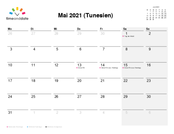 Kalender für 2021 in Tunesien