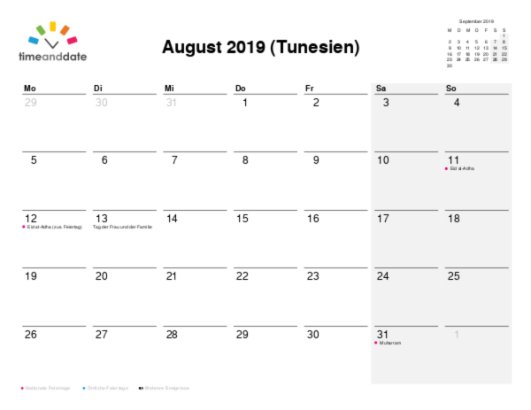 Kalender für 2019 in Tunesien