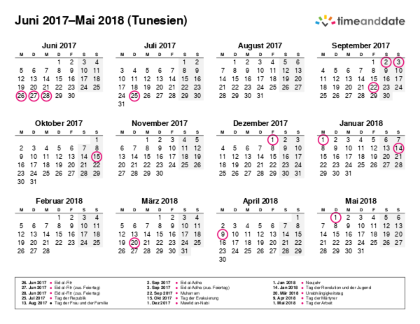 Kalender für 2017 in Tunesien