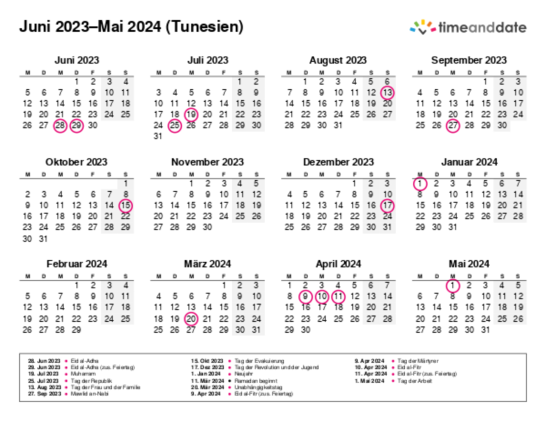 Kalender für 2023 in Tunesien