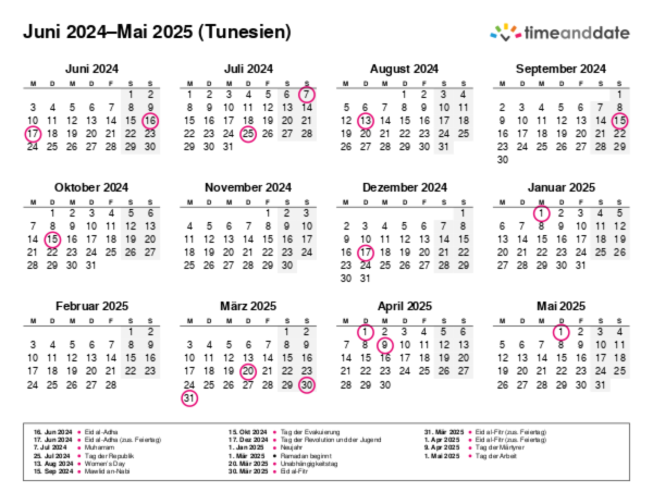 Kalender für 2024 in Tunesien