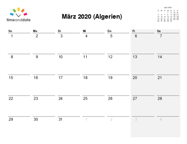 Kalender für 2020 in Algerien