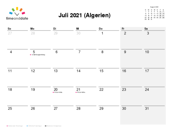 Kalender für 2021 in Algerien