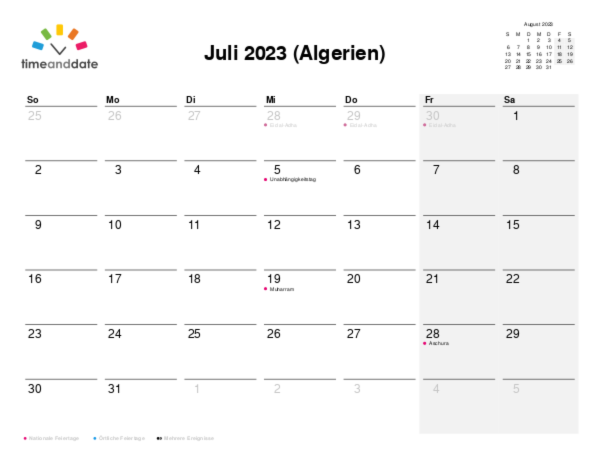 Kalender für 2023 in Algerien