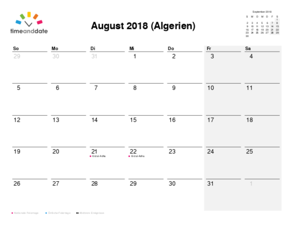 Kalender für 2018 in Algerien