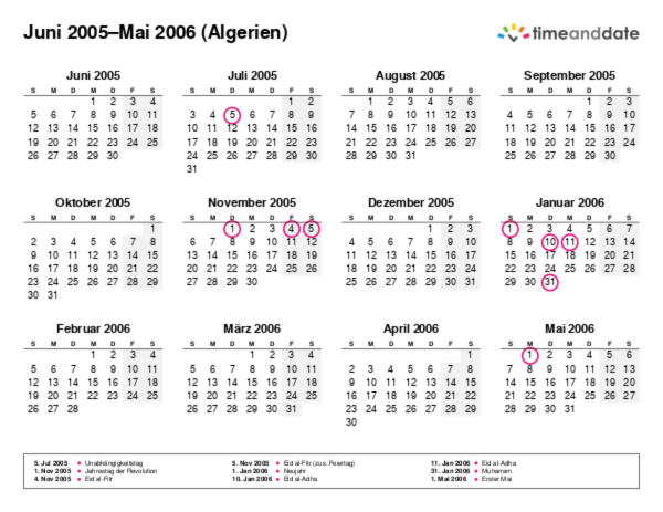 Kalender für 2005 in Algerien