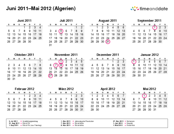 Kalender für 2011 in Algerien