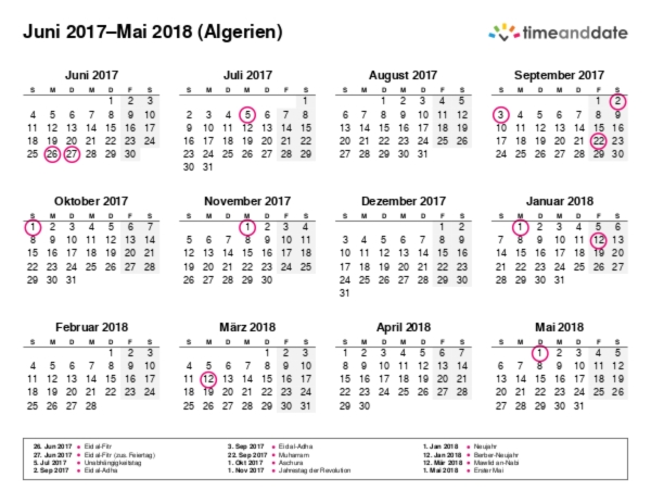 Kalender für 2017 in Algerien