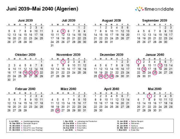Kalender für 2039 in Algerien