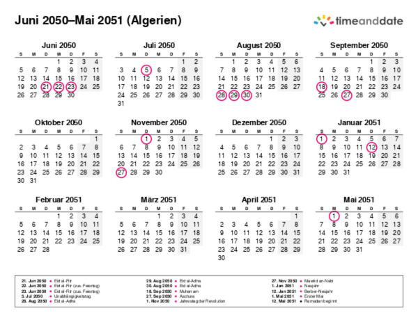 Kalender für 2050 in Algerien