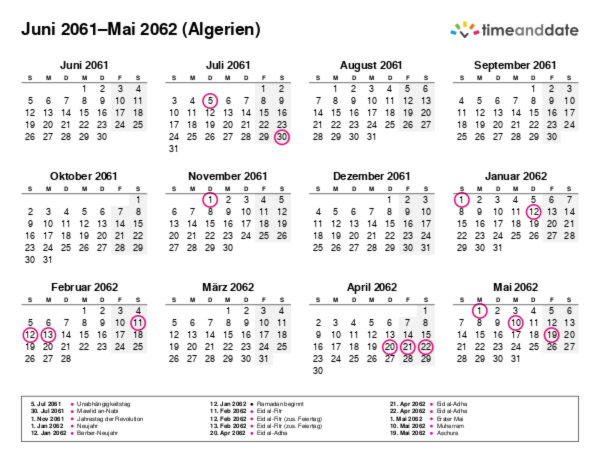 Kalender für 2061 in Algerien
