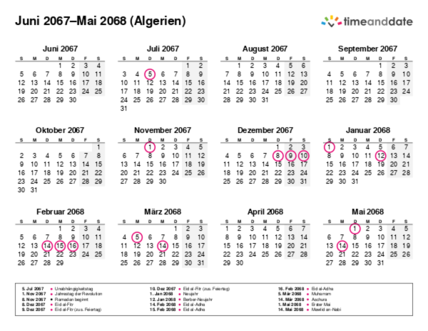 Kalender für 2067 in Algerien