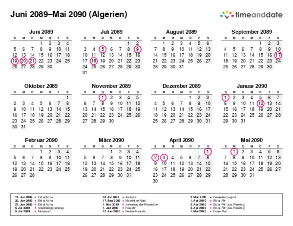 Kalender für 2089 in Algerien