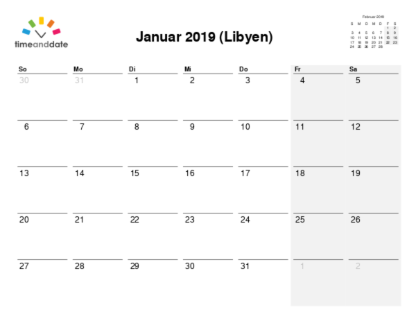 Kalender für 2019 in Libyen