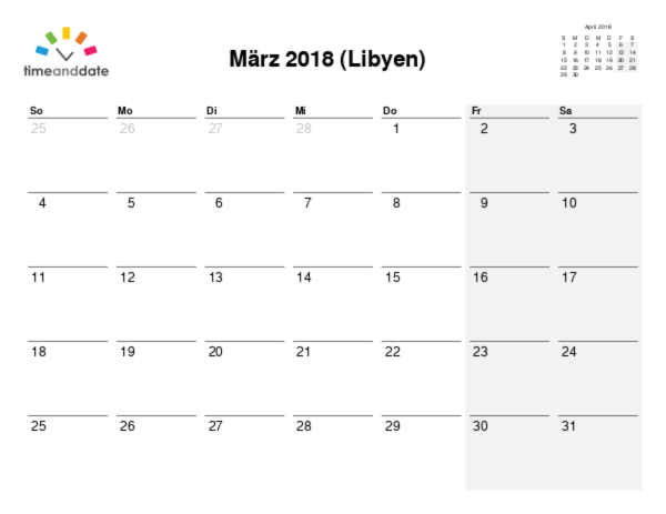 Kalender für 2018 in Libyen