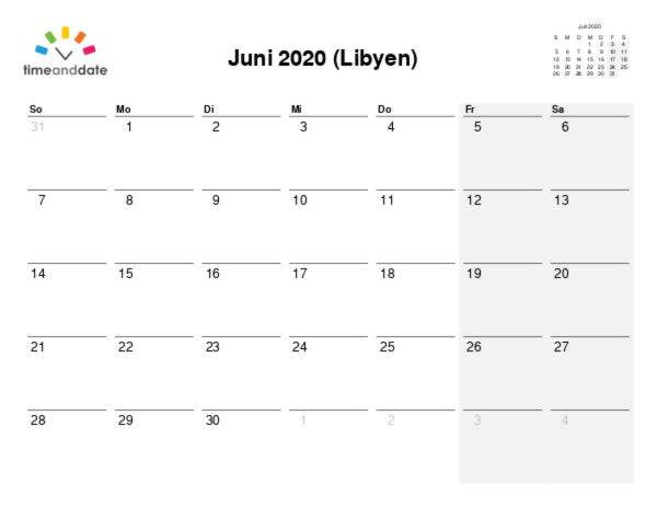 Kalender für 2020 in Libyen