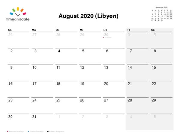 Kalender für 2020 in Libyen