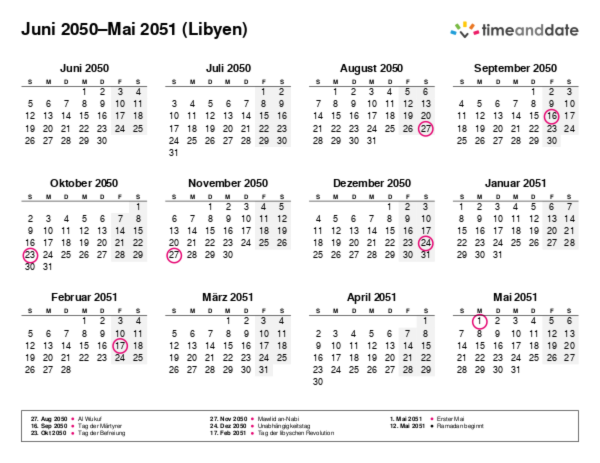 Kalender für 2050 in Libyen