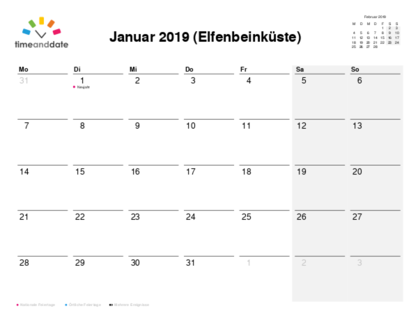 Kalender für 2019 in Elfenbeinküste
