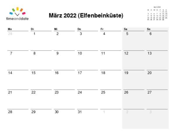 Kalender für 2022 in Elfenbeinküste