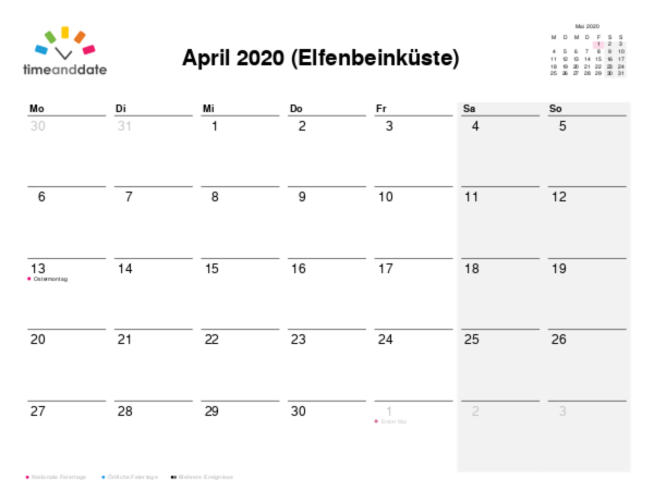 Kalender für 2020 in Elfenbeinküste