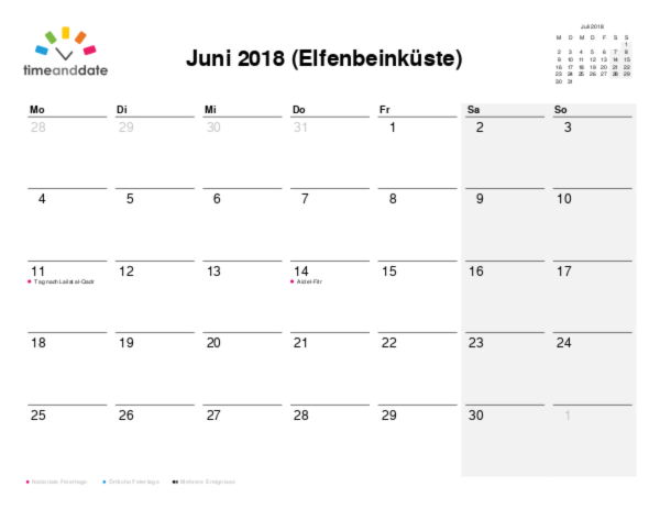Kalender für 2018 in Elfenbeinküste