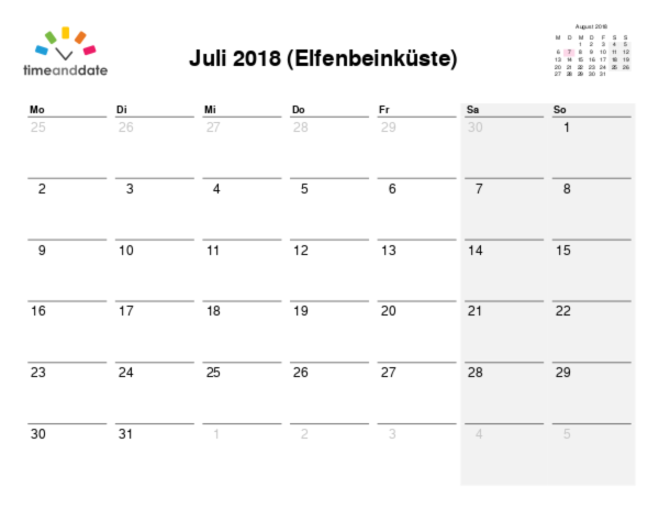 Kalender für 2018 in Elfenbeinküste