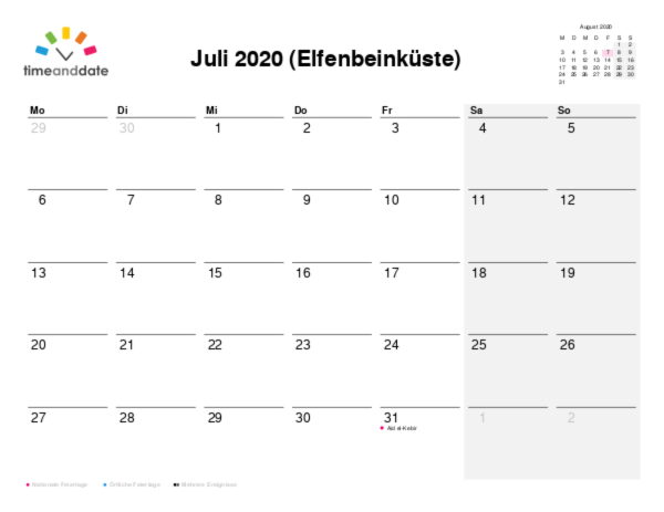 Kalender für 2020 in Elfenbeinküste