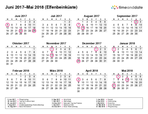 Kalender für 2017 in Elfenbeinküste