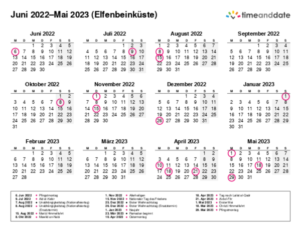 Kalender für 2022 in Elfenbeinküste