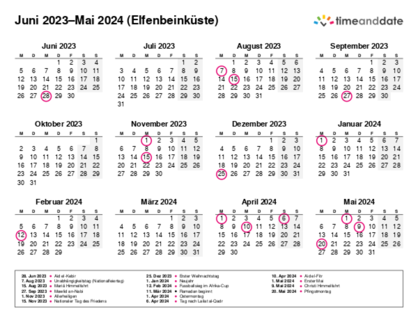 Kalender für 2023 in Elfenbeinküste