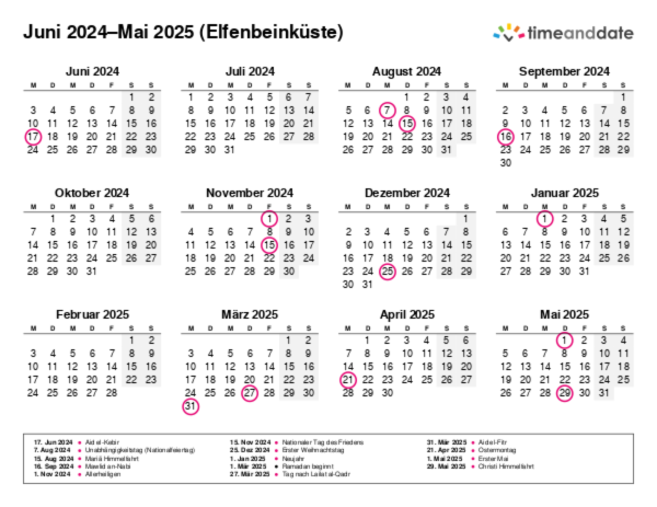 Kalender für 2024 in Elfenbeinküste