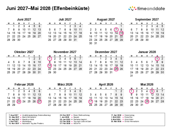 Kalender für 2027 in Elfenbeinküste