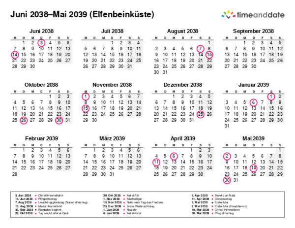 Kalender für 2038 in Elfenbeinküste