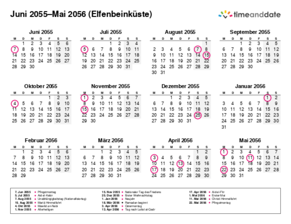 Kalender für 2055 in Elfenbeinküste