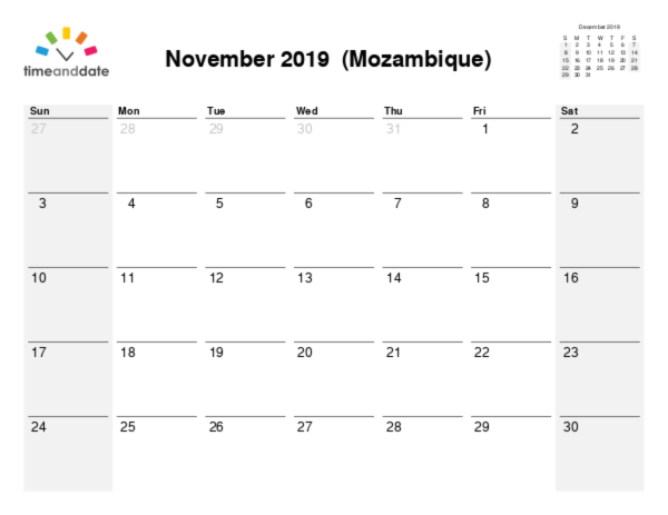 Kalender für 2019 in Mosambik
