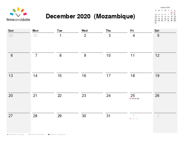 Kalender für 2020 in Mosambik