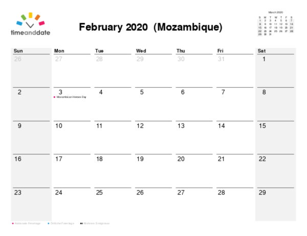Kalender für 2020 in Mosambik