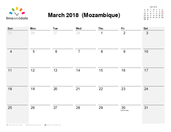 Kalender für 2018 in Mosambik