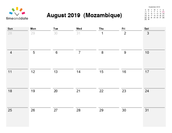 Kalender für 2019 in Mosambik
