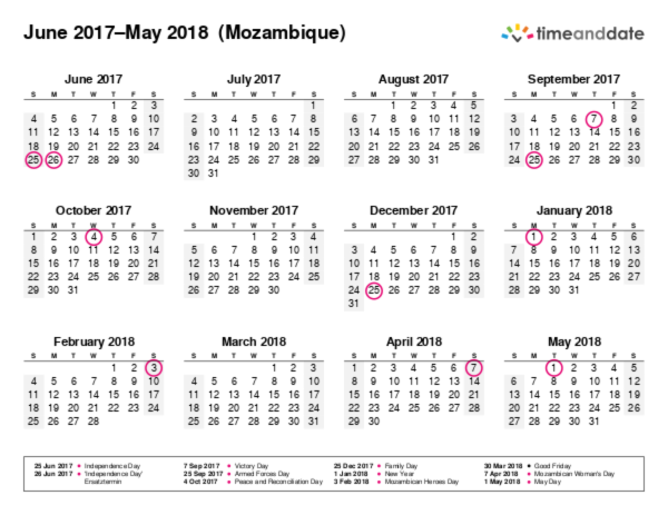 Kalender für 2017 in Mosambik