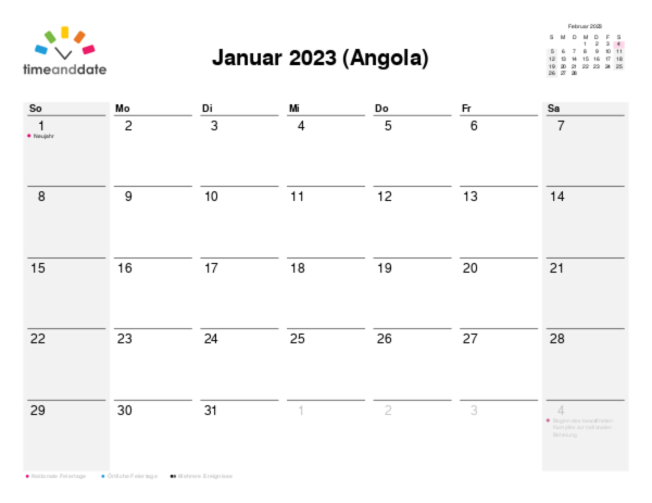 Kalender für 2023 in Angola