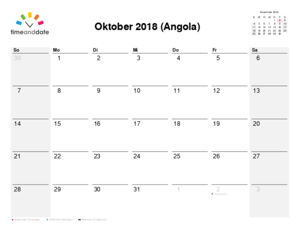 Kalender für 2018 in Angola
