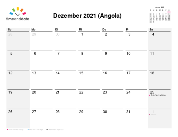 Kalender für 2021 in Angola