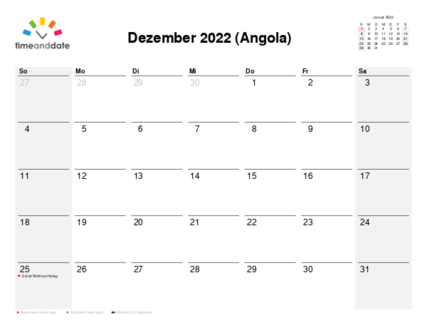 Kalender für 2022 in Angola