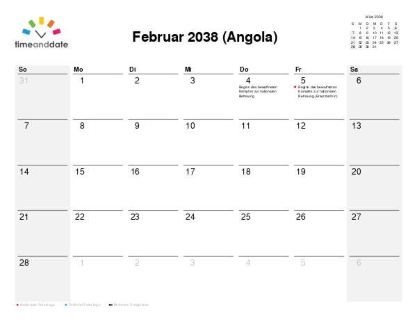 Kalender für 2038 in Angola