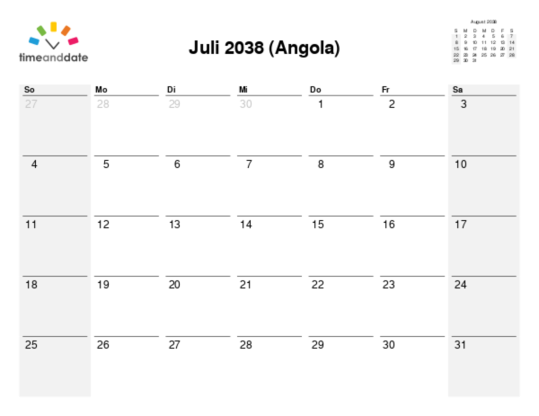 Kalender für 2038 in Angola