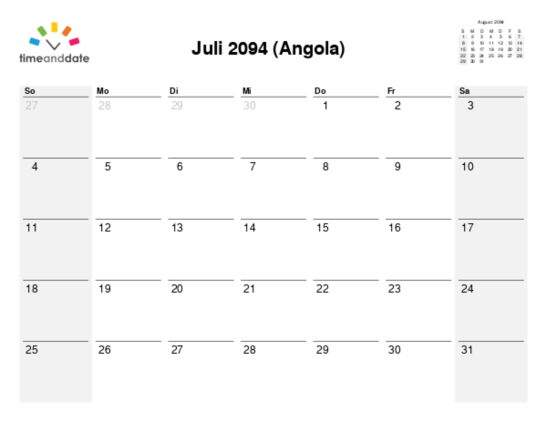 Kalender für 2094 in Angola