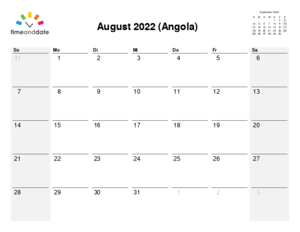 Kalender für 2022 in Angola